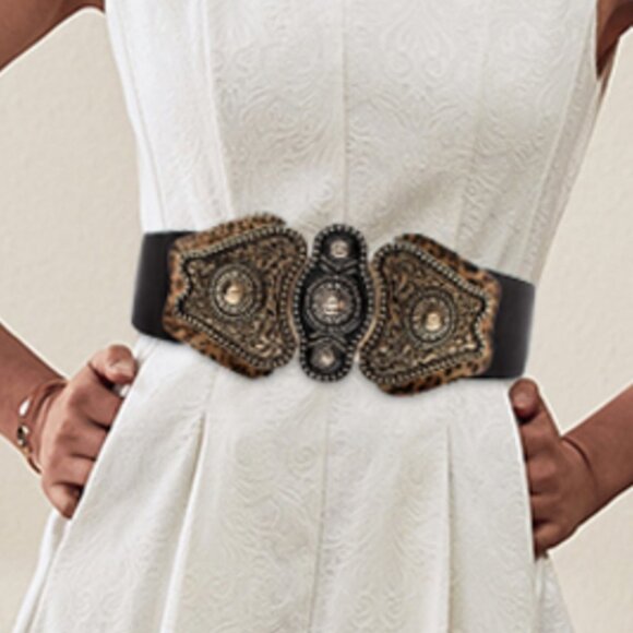 Retro Black & Bronze Chunky Metal Buckle Wide Waistbelt Stretchy Cincher Belt - Picture 3 of 7